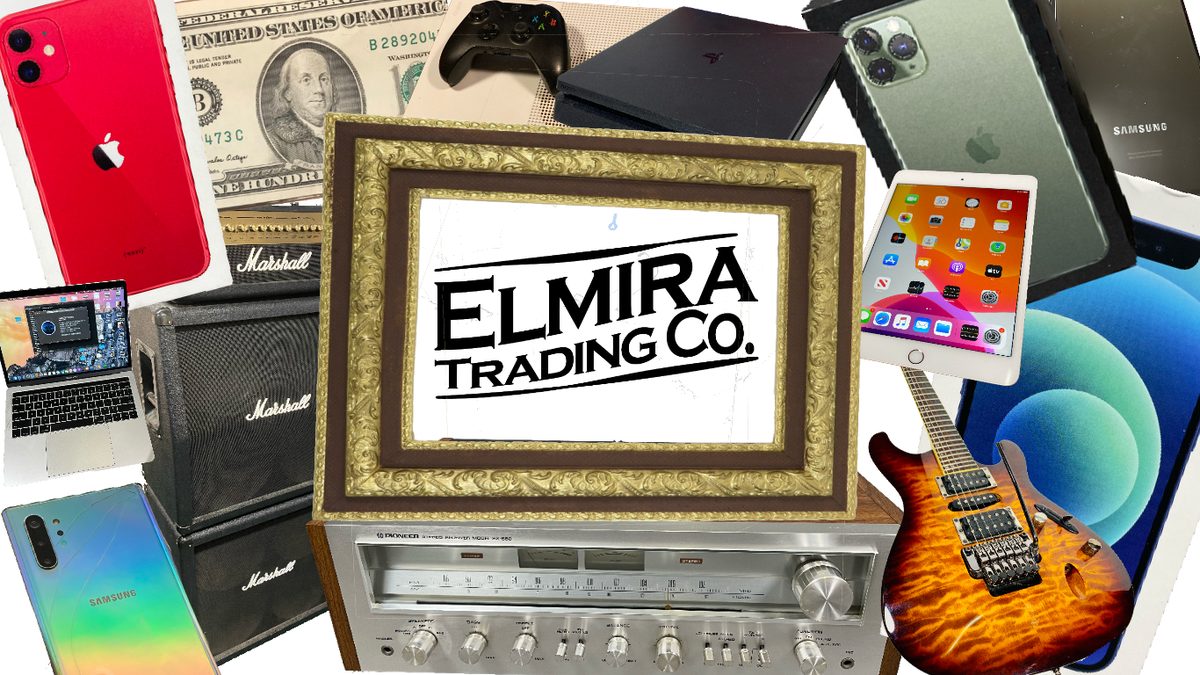 Items we buy at Elmira Trading Co.: iPhones, Samsung phones, MacBook, iPad, PlayStation, Xbox, Marshall amps, Pioneer receiver, electric guitar